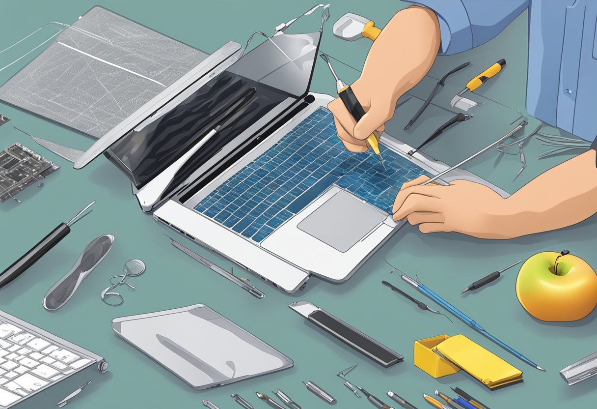 A technician carefully replaces a cracked Apple MacBook screen with precision tools and a steady hand