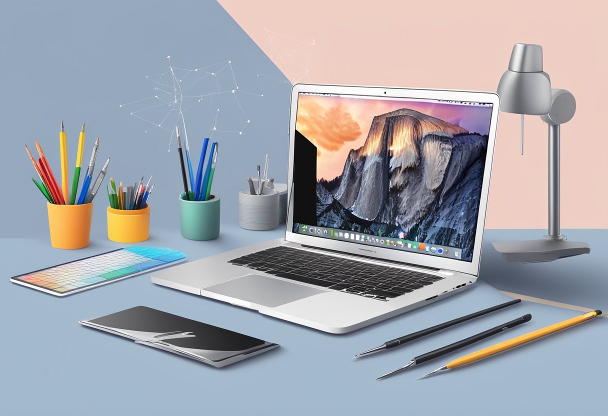 A sleek MacBook with a cracked screen sits on a desk, next to a set of precision tools and a diagram of the screen components