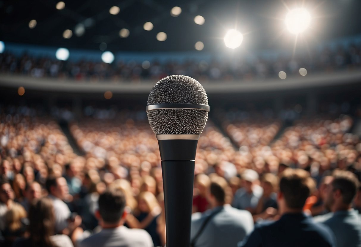 A podium with a microphone stands in the center of a packed sports arena, with the audience eagerly waiting for the professional sports speaker to take the stage