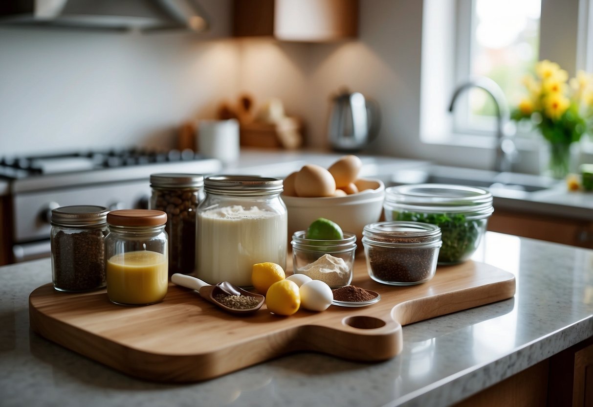 A bright, organized kitchen with child-friendly baking tools and ingredients neatly arranged. Clean countertops and a child-safe step stool