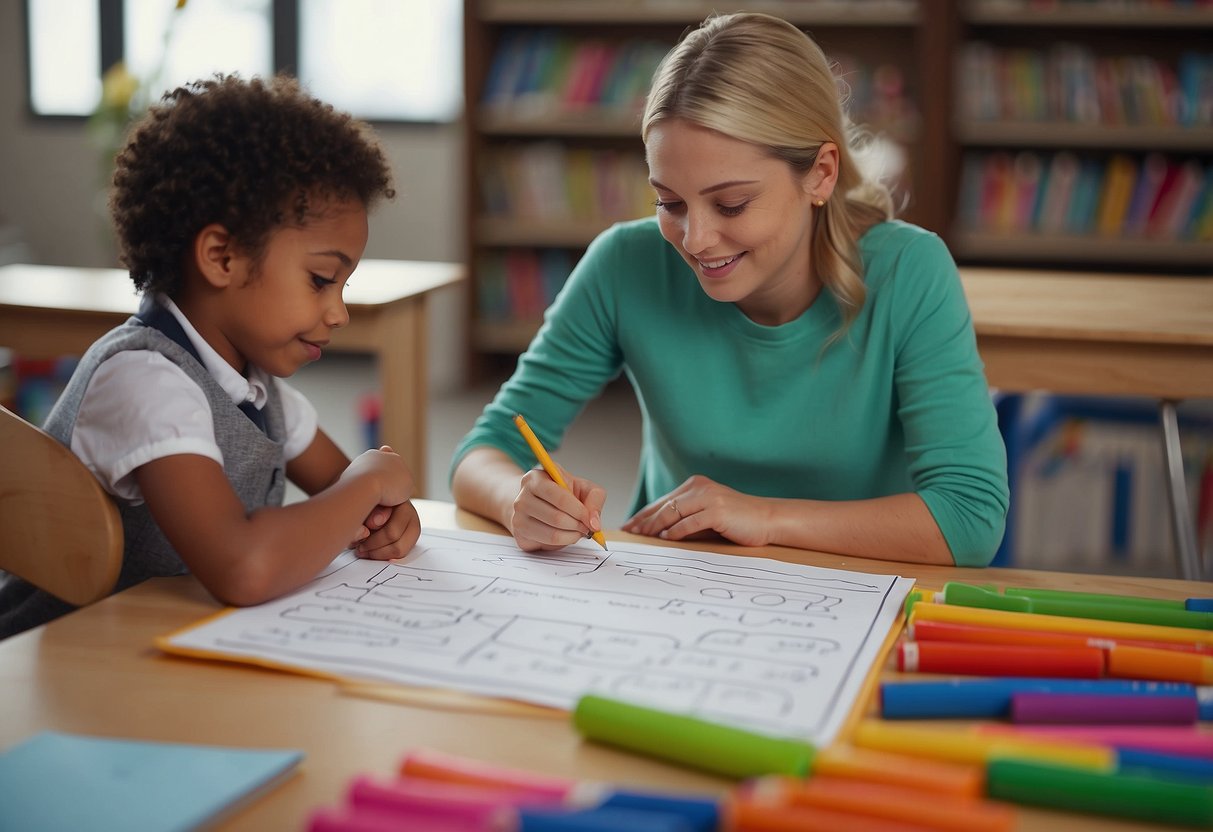 Children draw and write at small tables with crayons and paper. A teacher assists a student with letter formation. Books and writing tools are on shelves