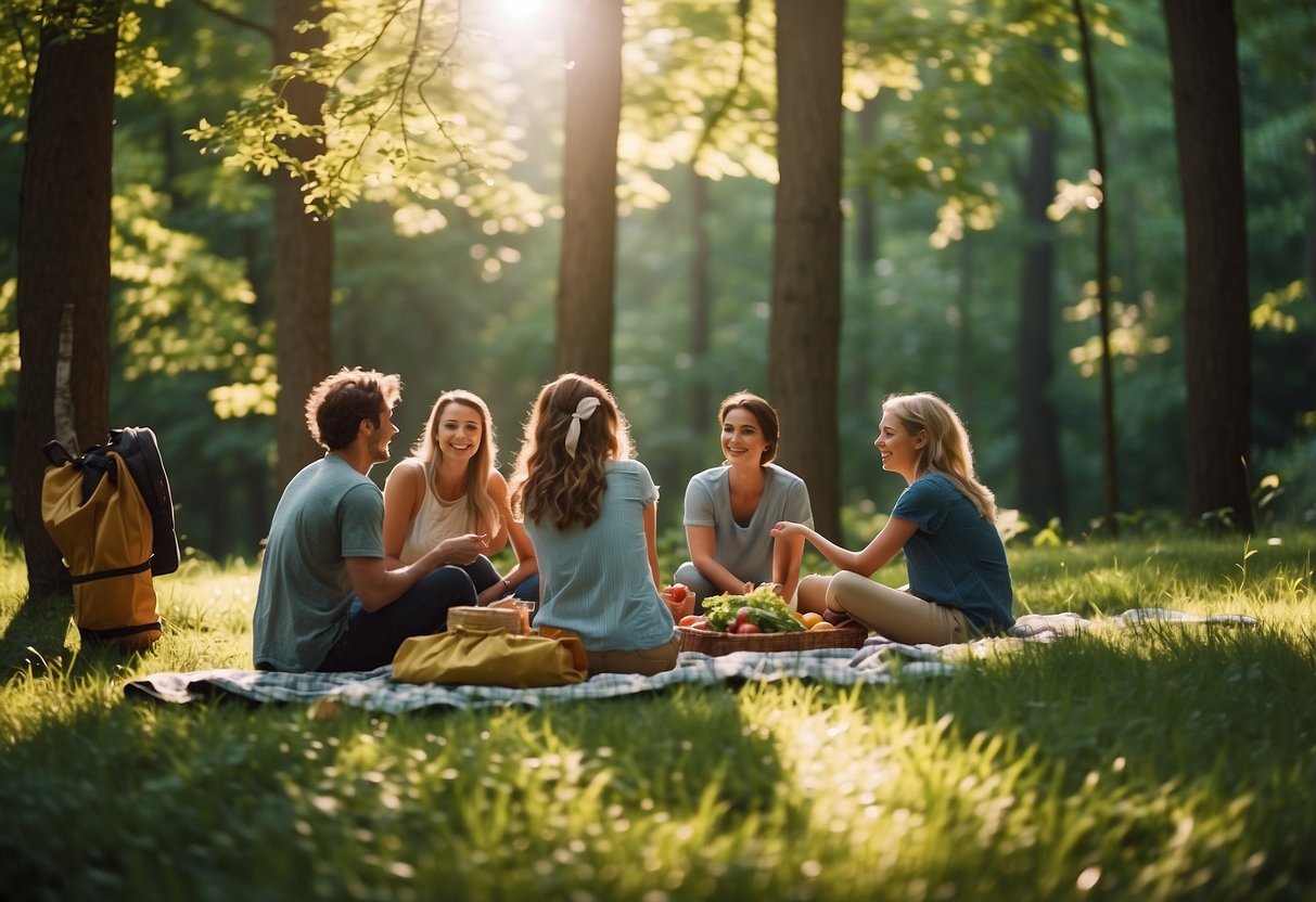 People enjoying outdoor activities: a group picnicking, another playing leapfrog, and a couple hiking through a lush forest on a sunny leap day