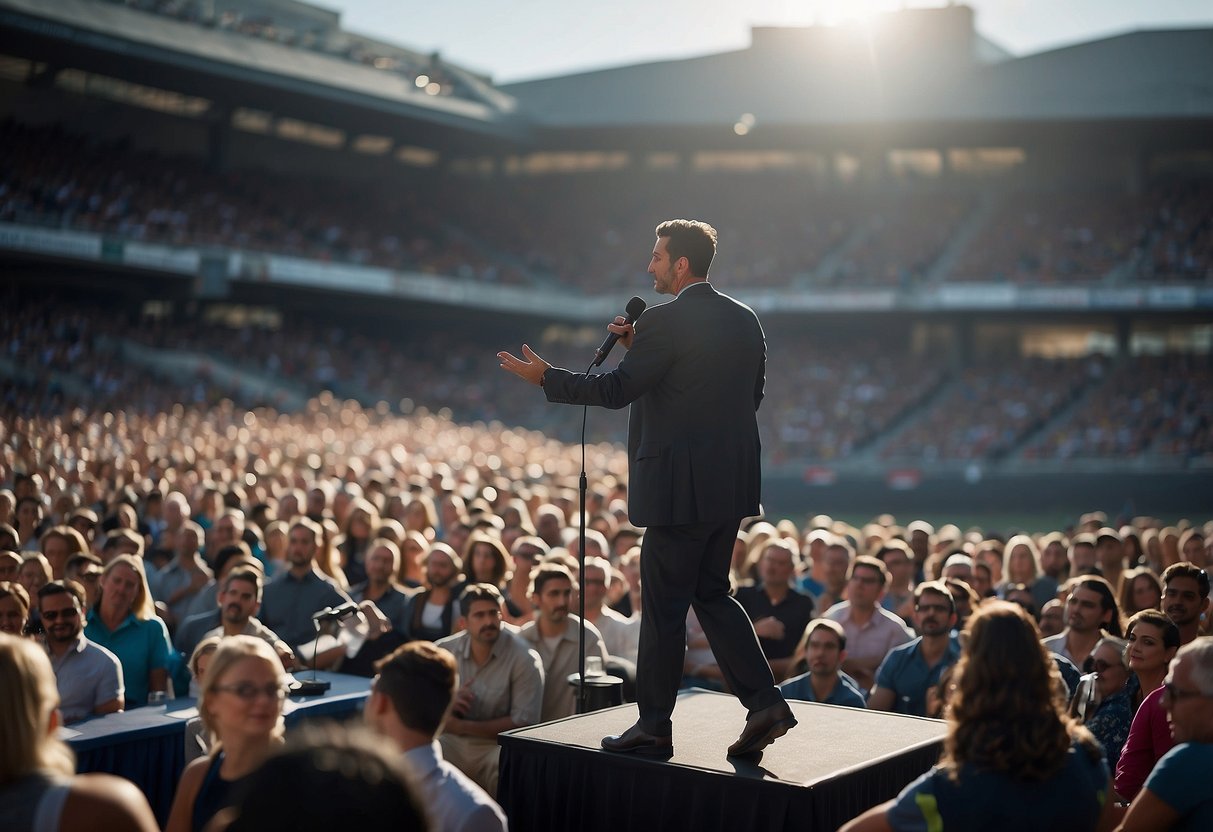 A professional sports speaker stands at a podium, addressing a crowd of attentive listeners. A banner behind them displays the title of the event. The speaker gestures passionately, engaging the audience