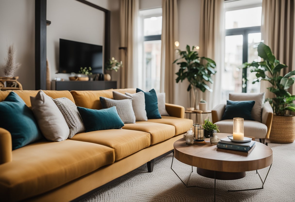 A well-decorated living room with cozy furniture, soft lighting, and vibrant artwork creates a welcoming and comfortable space for relaxation and socializing