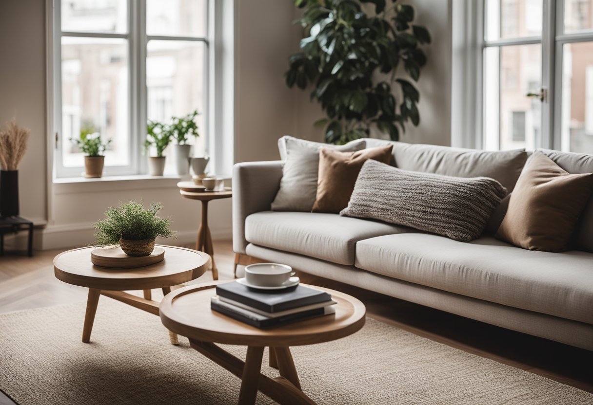 A cozy living room with a comfortable sofa, coffee table, and soft rug. Natural light floods in through large windows, highlighting the carefully curated decor and inviting ambiance