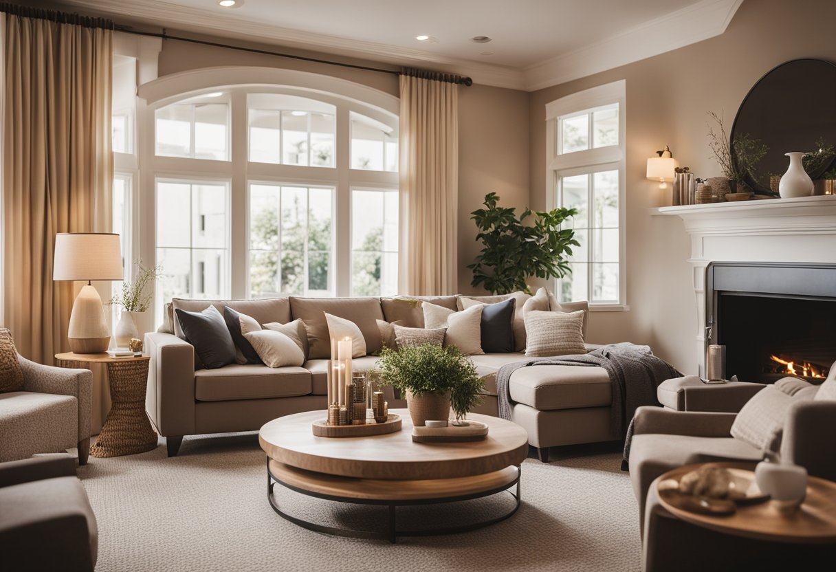A cozy living room with warm, inviting colors and comfortable furniture. Soft lighting and tasteful decor create a welcoming atmosphere