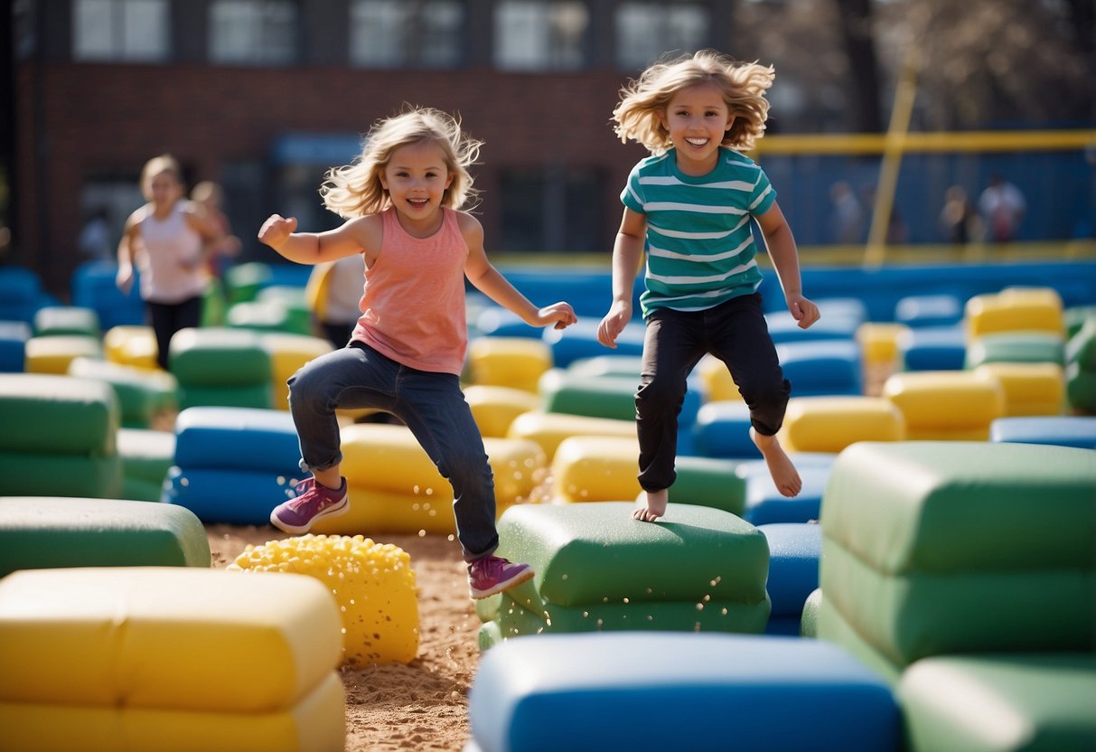 People of all ages engage in fun leap day activities: jumping over hurdles, playing leapfrog, and leaping into foam pits