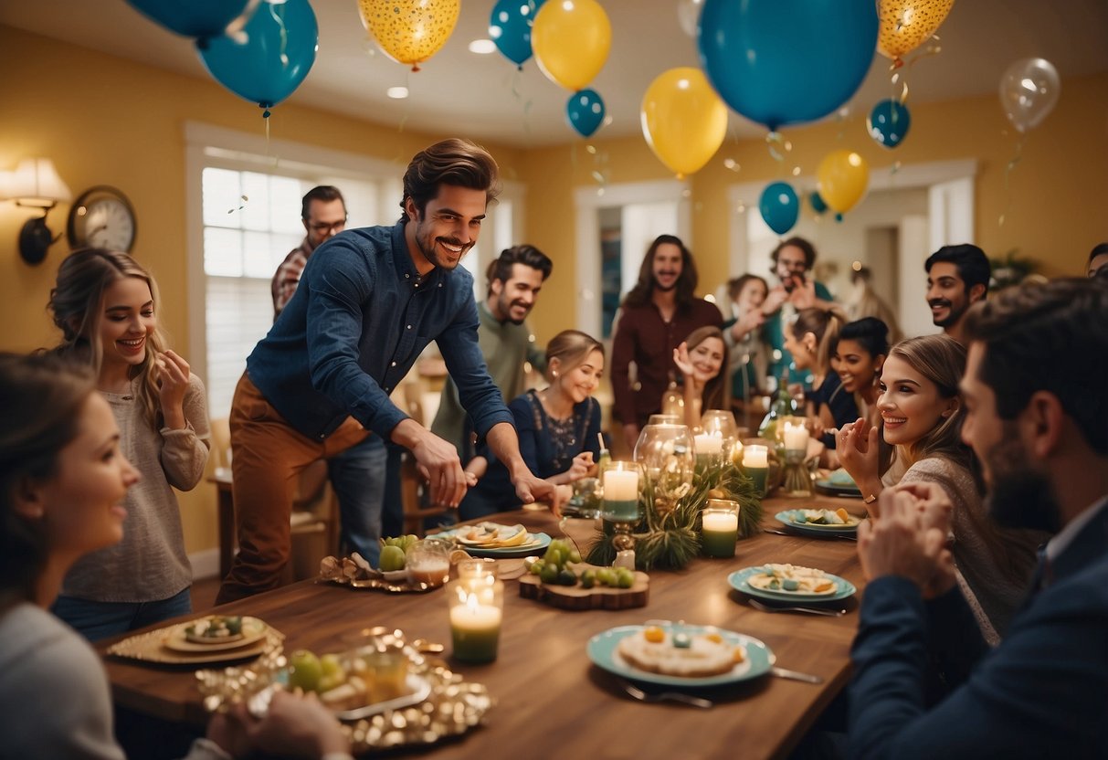 People gathering for a leap day party, decorating with leap year themed decorations, setting up games and activities for the special occasion