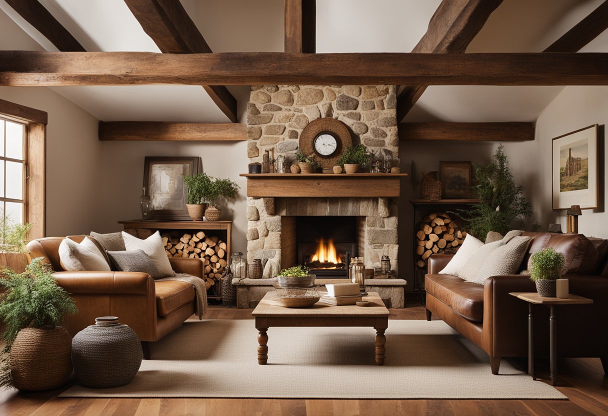 A cozy country living room with exposed wooden beams, a stone fireplace, and vintage furniture creating a warm and inviting atmosphere