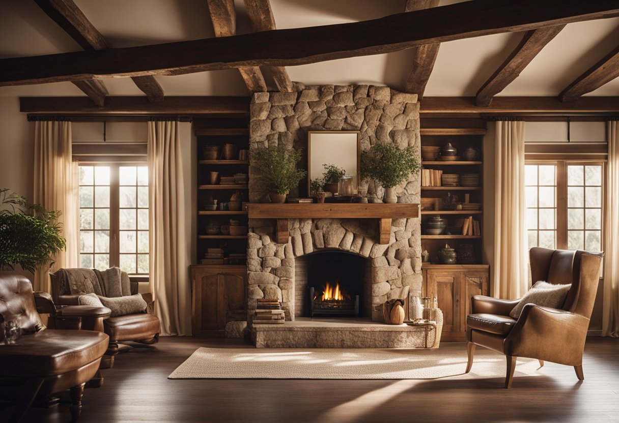 A cozy living room with wooden beams, a stone fireplace, and vintage furniture. Sunlight streams in through lace curtains, highlighting the warm, earthy tones of the space