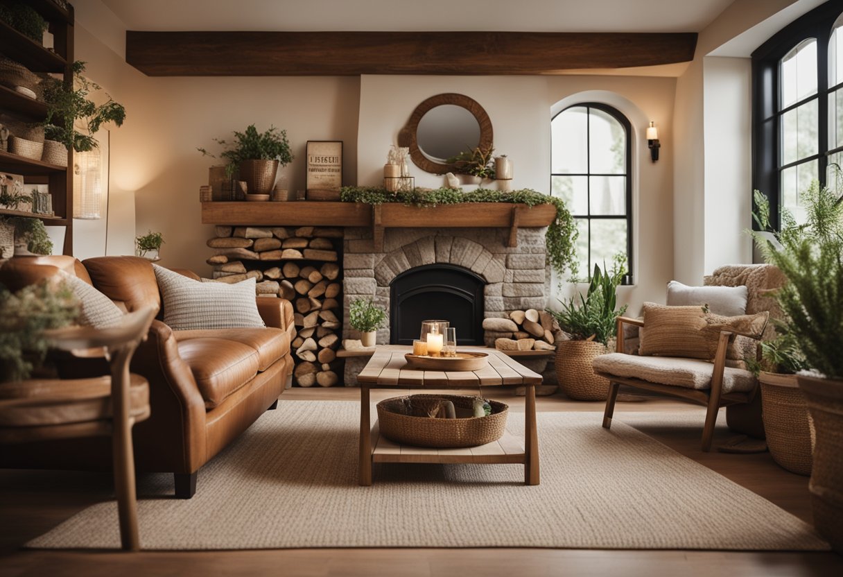 A cozy living room with handmade wooden furniture, a stone fireplace, and warm earthy tones. Decor includes vintage signs, woven textiles, and potted plants