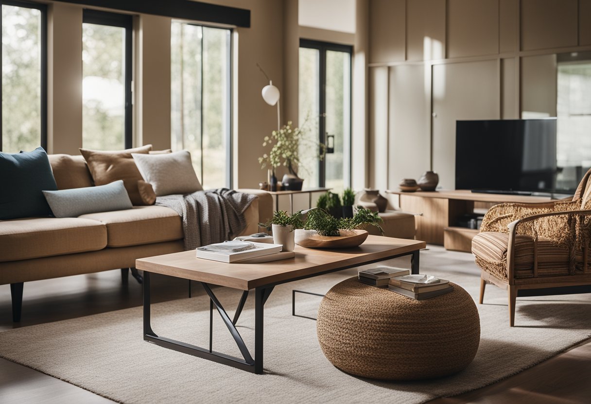 A cozy living room with warm, earthy paint colors. Modern furniture with clean lines and pops of color. Natural light streaming in from large windows