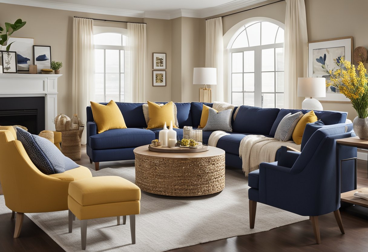 A cozy living room with a neutral color palette, featuring a mix of warm and cool tones. Soft beige walls complemented by pops of navy blue and mustard yellow accents. Comfortable furniture and natural light streaming in from large windows
