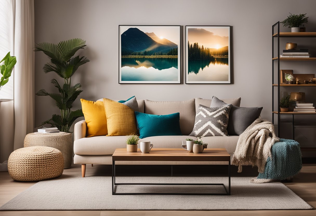 A cozy living room with warm neutral walls, accented with pops of bold color in the form of vibrant throw pillows and artwork