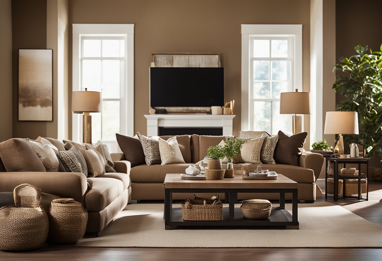 A cozy living room with warm, earthy paint colors. Soft lighting highlights the rich hues, creating a welcoming and relaxing atmosphere