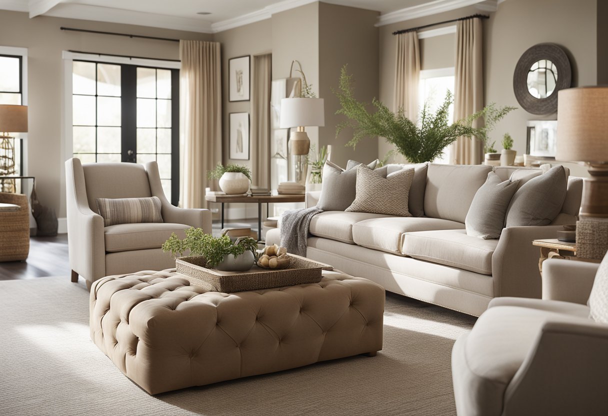 The transitional living room is bathed in warm, natural light, with a color palette of soft neutrals and muted earth tones. A mix of textures and materials adds depth and interest to the space