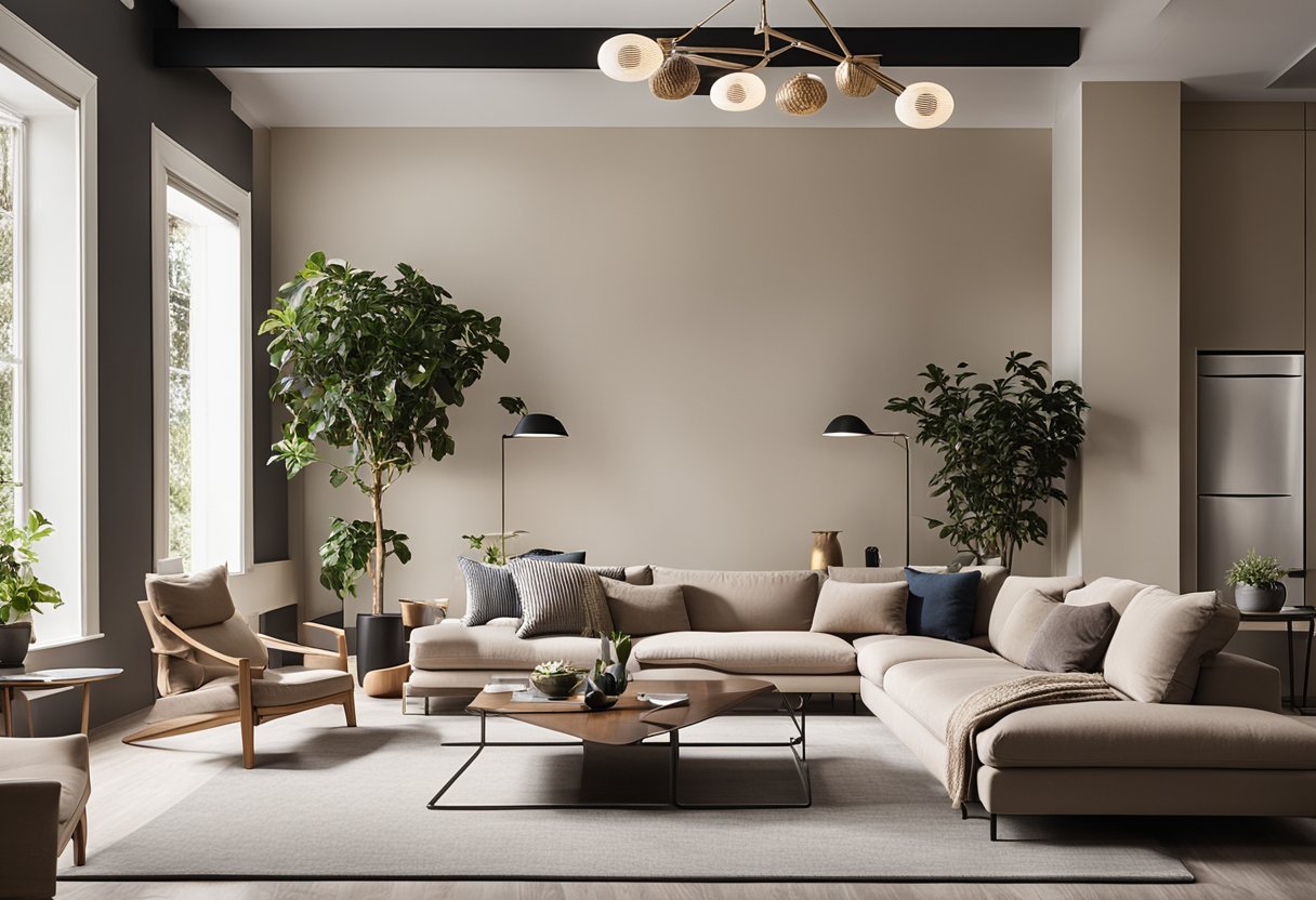 A spacious living room with a neutral color palette, featuring a mix of traditional and modern furniture arranged in a balanced and inviting layout