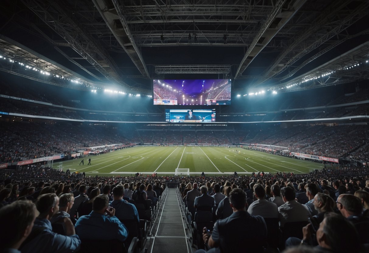 A packed stadium with a professional sports speaker at the center, surrounded by a digital display of event promotion and online presence