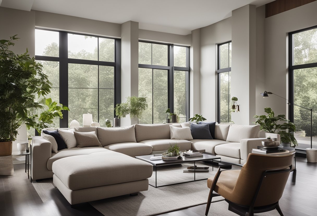 A modern living room with sleek furniture, neutral colors, and minimal decor. Large windows let in natural light, creating a relaxing atmosphere for social gatherings