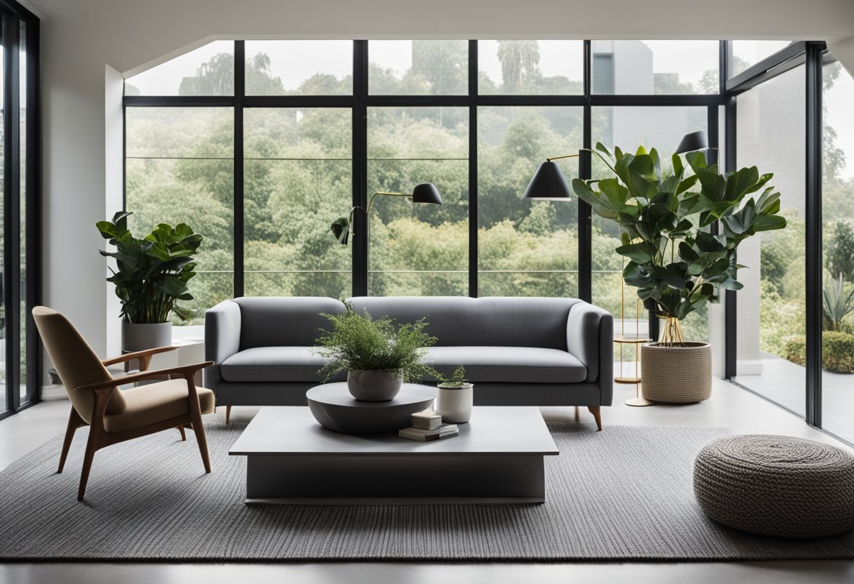 A sleek grey sofa faces a minimalist coffee table with a potted plant. A geometric rug anchors the space, while a pair of mid-century modern armchairs flank a floor lamp. The room is bathed in natural light from large windows