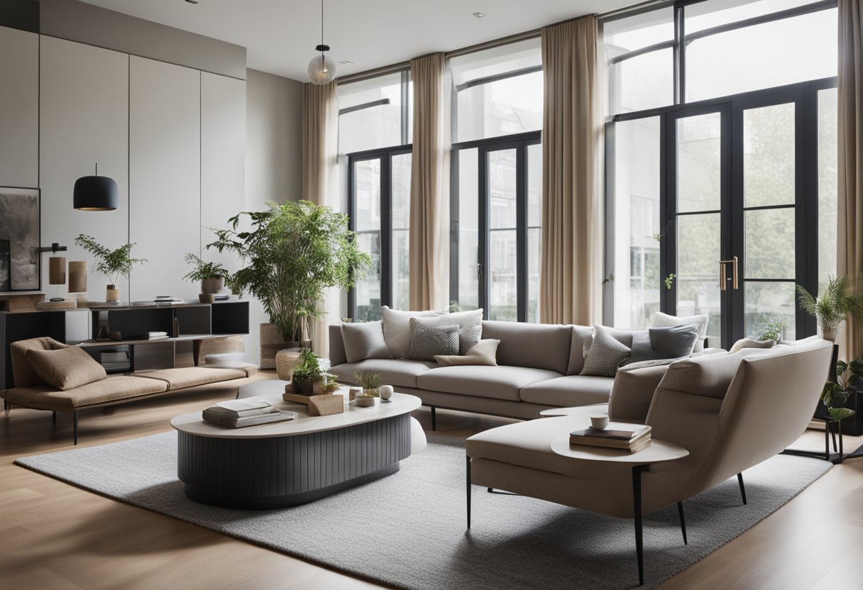 A spacious living room with modern furniture arranged for a cozy and inviting atmosphere. Large windows allow natural light to fill the room, while a neutral color palette and comfortable seating create a relaxing gathering space