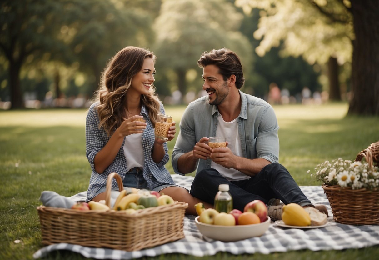 A couple picnicking in a park, sitting on a checkered blanket surrounded by trees and flowers, with a basket of food and drinks nearby. They are laughing and enjoying each other's company