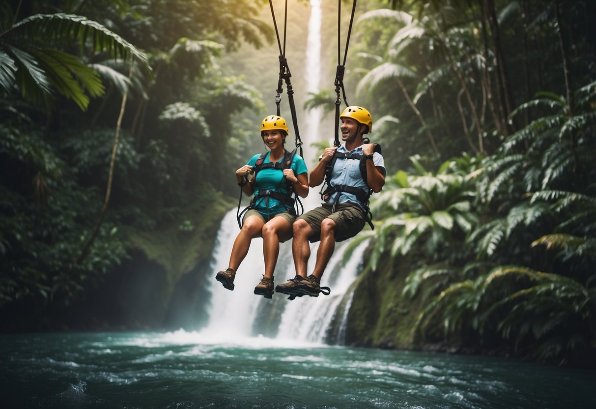 A couple ziplining through a lush jungle, with a waterfall in the background and a sense of exhilaration in the air