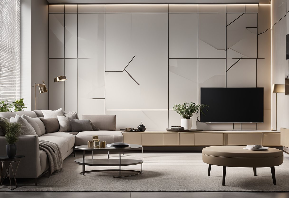 A cozy living room with a modern minimalist style, featuring a sleek TV stand with clean lines and metallic accents. The room is adorned with neutral colors and geometric patterns, creating a sophisticated and contemporary ambiance