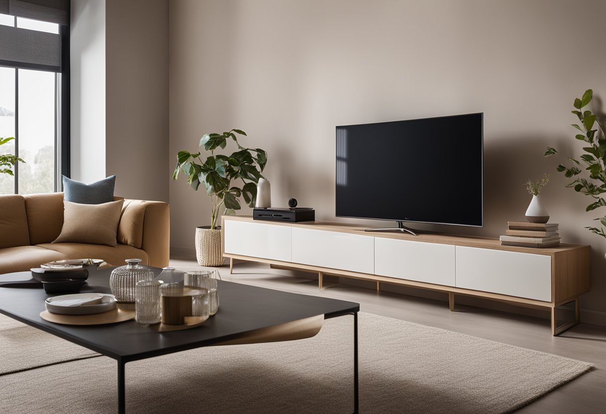 A modern living room with a sleek, minimalist TV stand against a neutral-colored wall. The stand features clean lines and open shelving for storage. A cozy sofa and soft rug complete the inviting space
