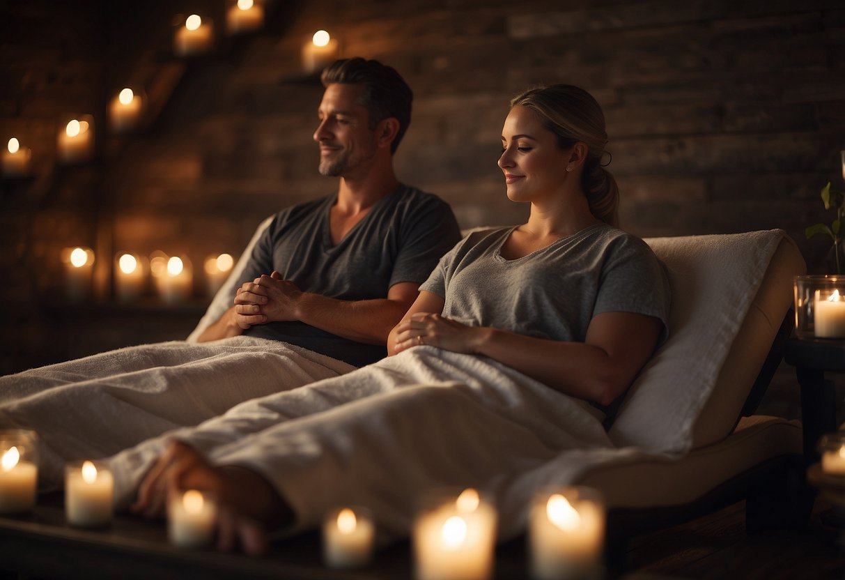 A couple sits in a tranquil spa, surrounded by candles and soft music, enjoying a couples massage and aromatherapy