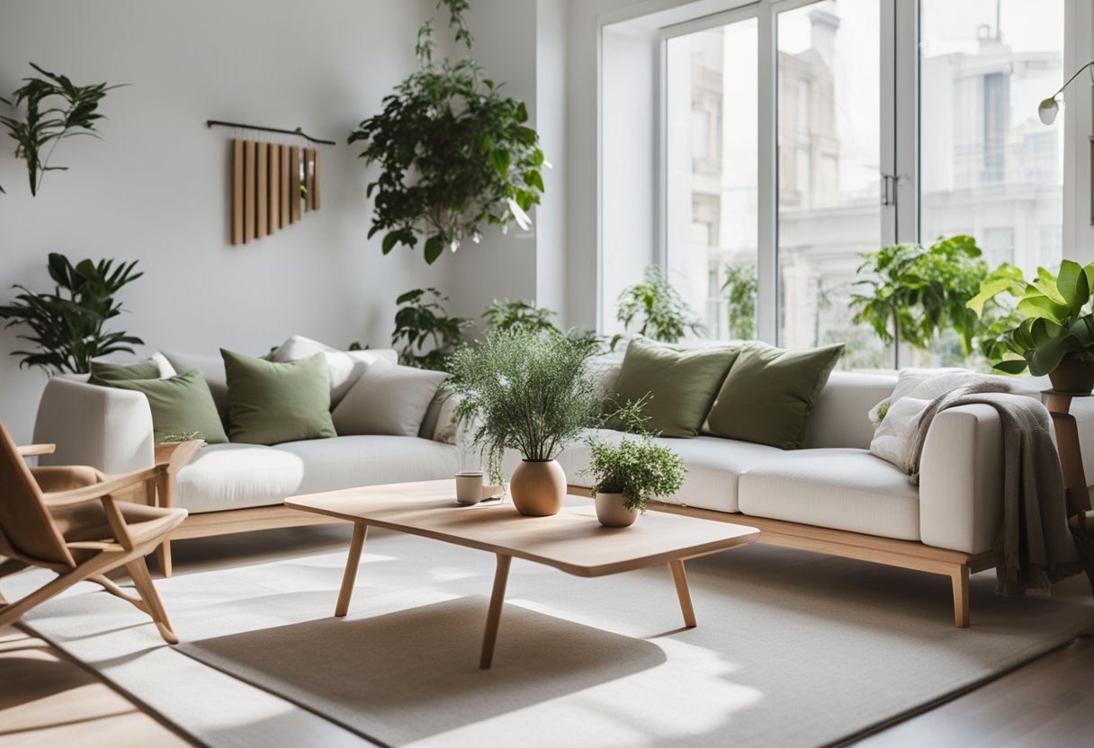 A white living room with minimalist furniture, natural light, and green plants for a fresh, modern look
