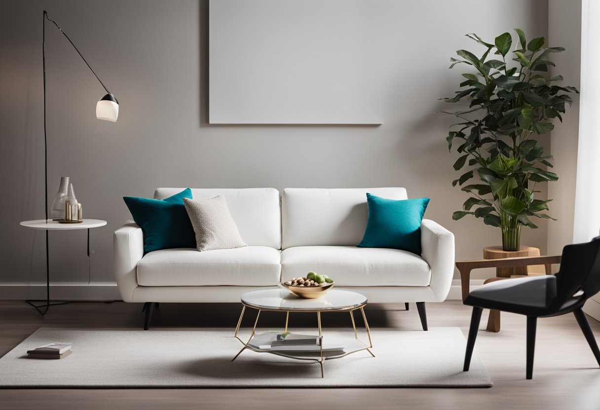 A sleek white sofa sits against a backdrop of clean, minimalist furniture. A pop of color comes from a vibrant accent chair, while a geometric coffee table adds a modern touch