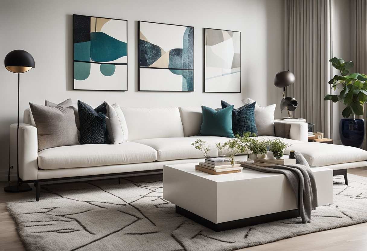 A white living room with modern art on the walls and accent accessories like throw pillows, rugs, and vases