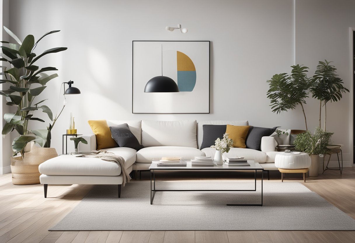 A white living room with modern furniture and minimalist decor, featuring clean lines and a bright, airy atmosphere