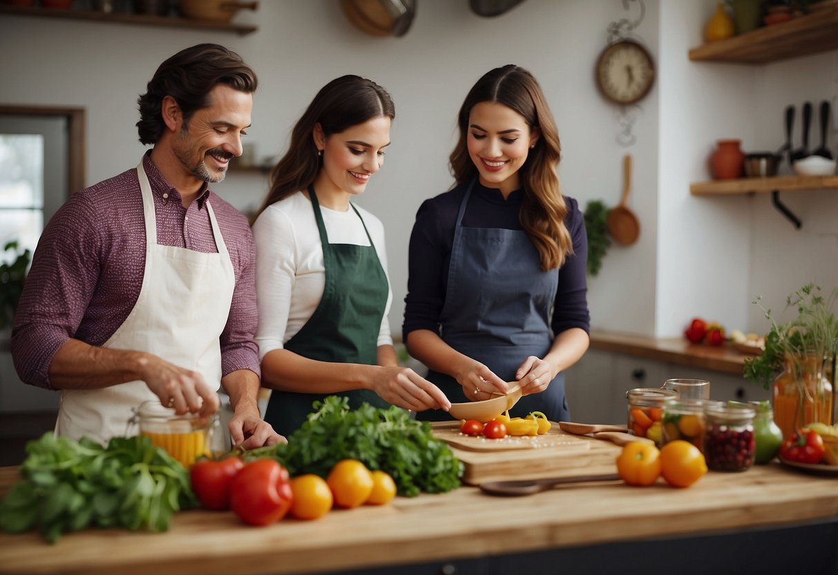 A couple attending a cooking class, surrounded by colorful ingredients and utensils, while a teacher demonstrates a new recipe