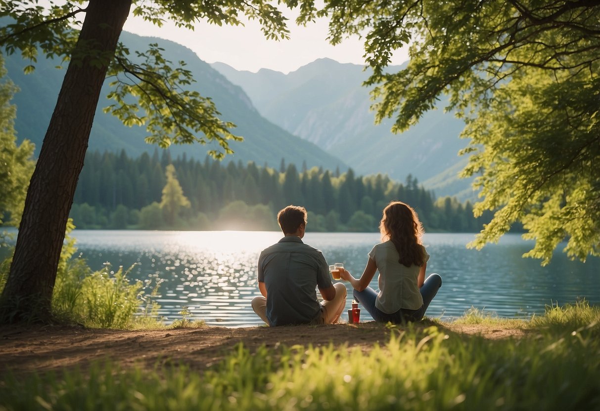 A couple sits by a tranquil lake, surrounded by lush greenery and towering trees. They are enjoying a picnic together, with a backdrop of mountains in the distance