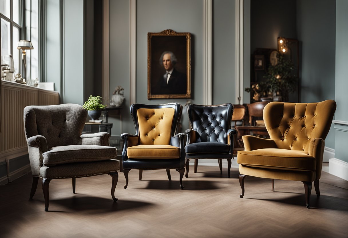 A series of iconic chairs from different eras arranged in a living room setting, showcasing their evolution and historical significance