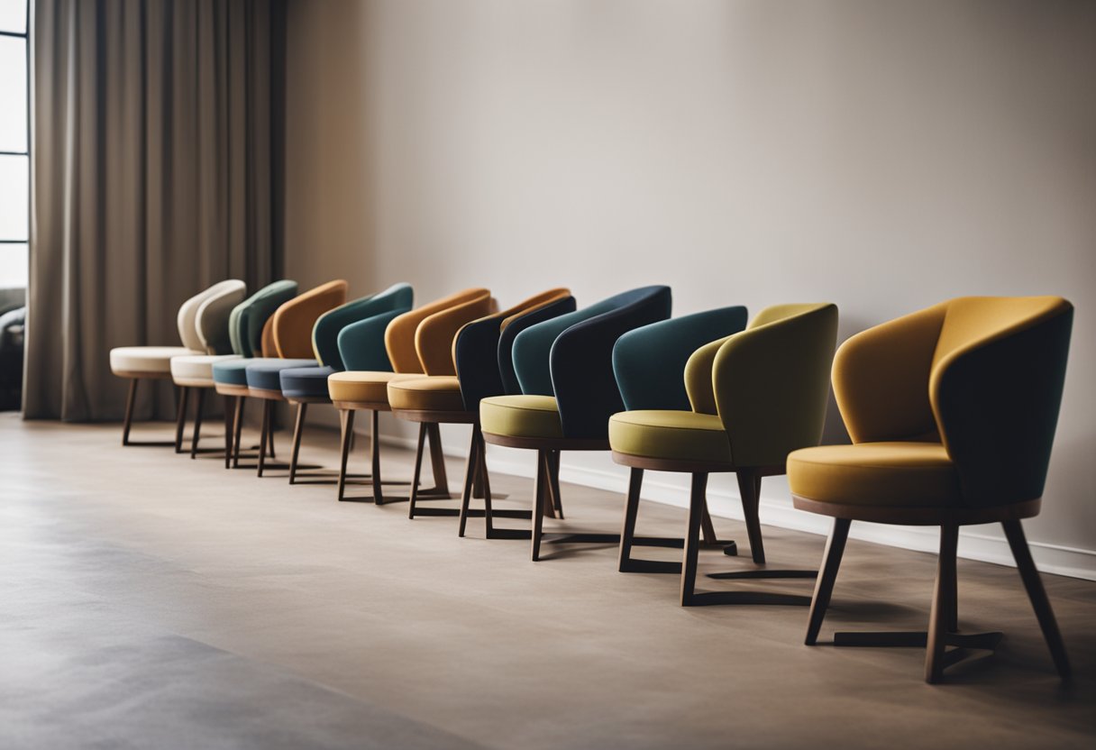 A lineup of iconic chairs from influential designers, each with distinct shapes and materials, placed in a stylish living room setting