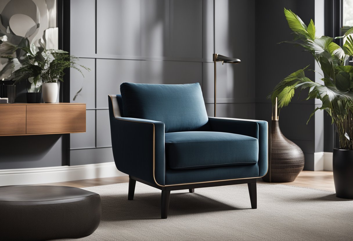A sleek and timeless chair design stands in a modern living room, with clean lines, bold curves, and a striking silhouette