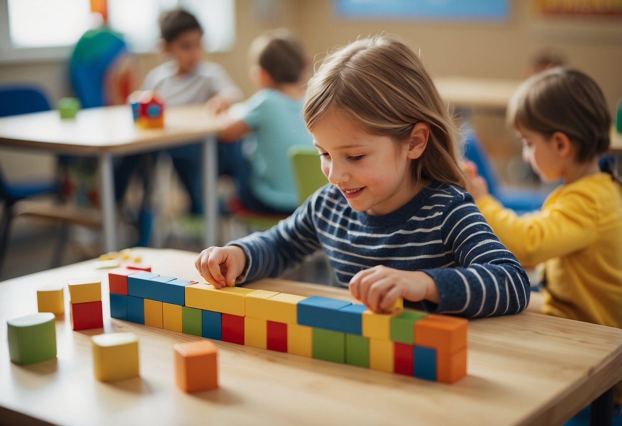 Children playing with blocks, drawing, and interacting in a classroom setting