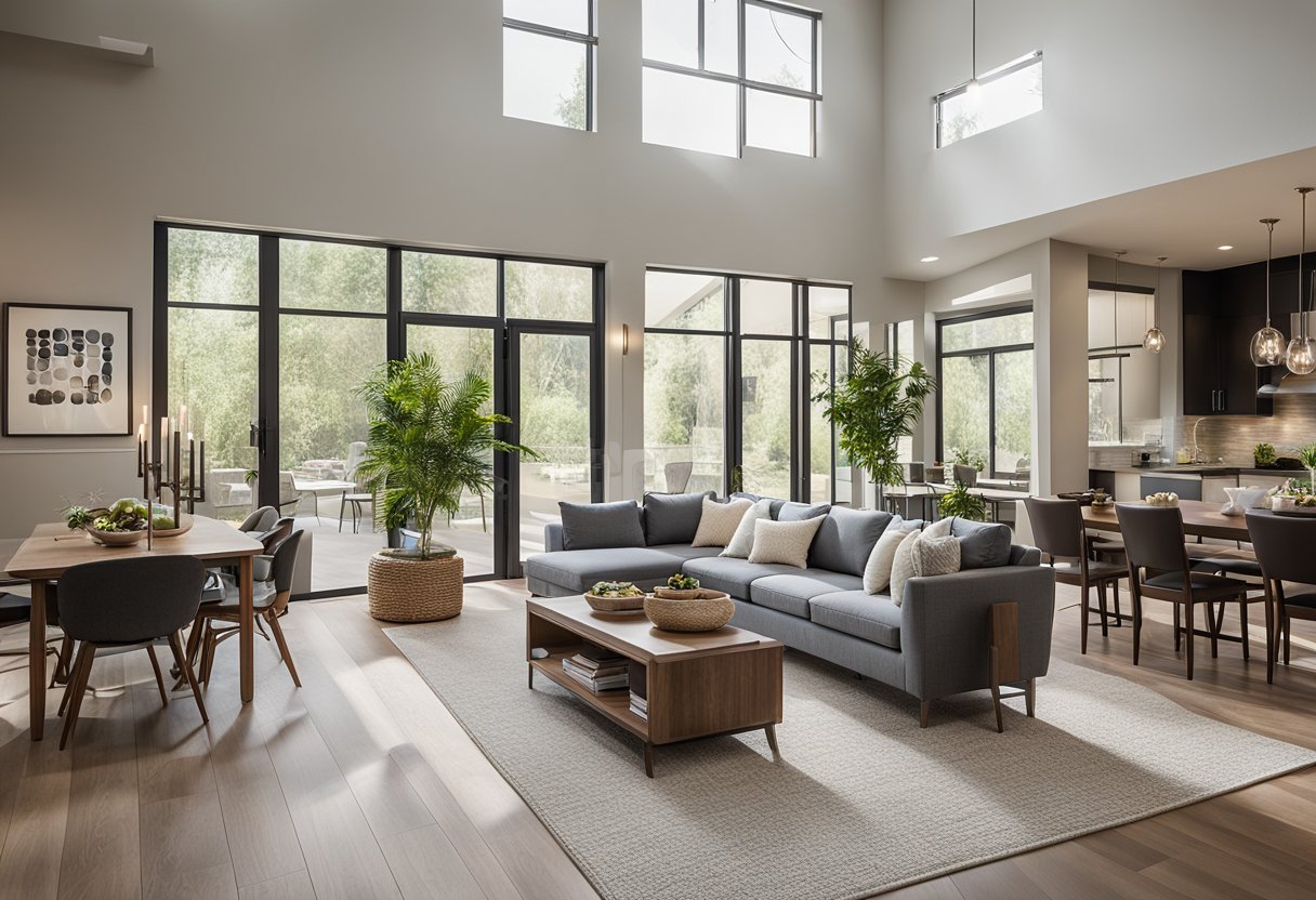 A spacious living room with open floor plan, showcasing natural light and easy flow between seating and dining areas. Potential drawbacks include noise and limited privacy