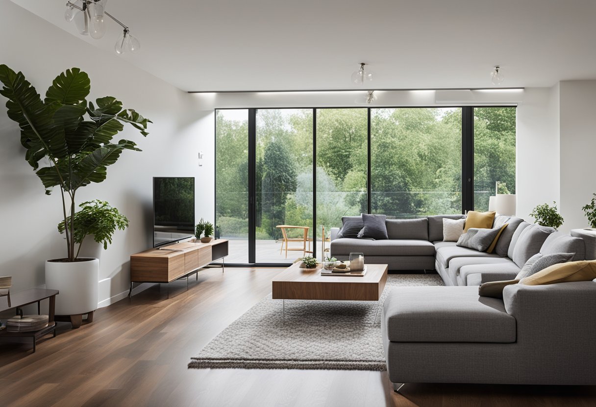A spacious living room with open floor plan, showcasing natural light, flexible furniture arrangement, and potential for noise and lack of privacy