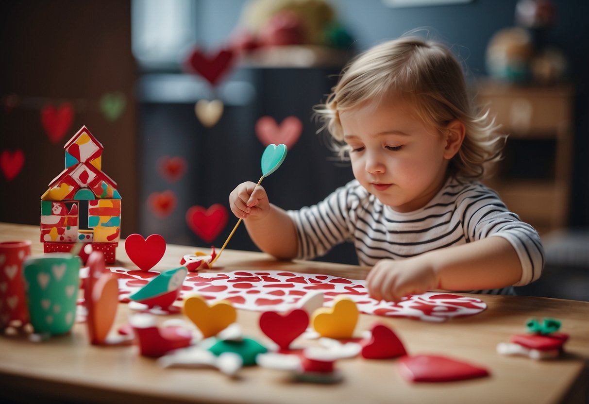 Toddlers painting heart-shaped cards and playing with heart-shaped toys