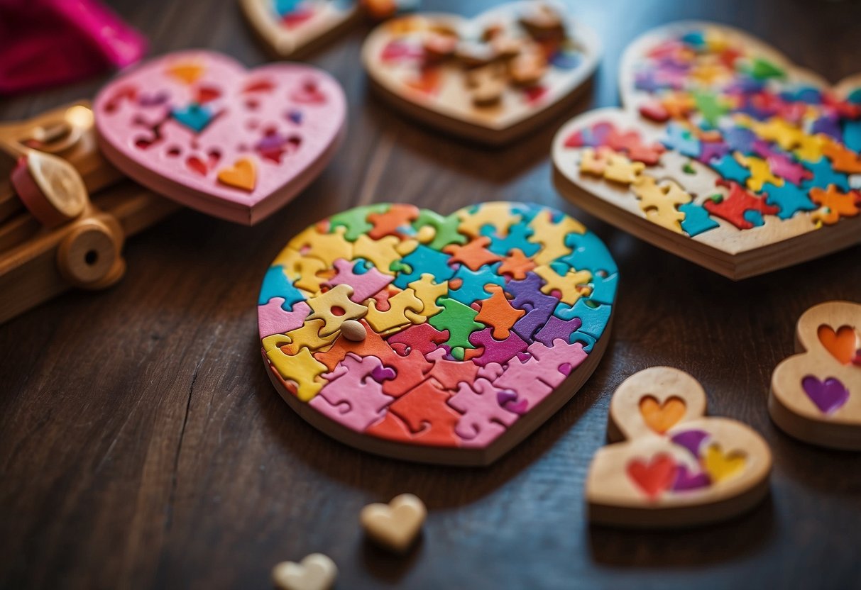 Colorful heart-shaped puzzles, matching games, and craft supplies scattered on a table. A group of toddlers happily engaged in educational Valentine's Day activities