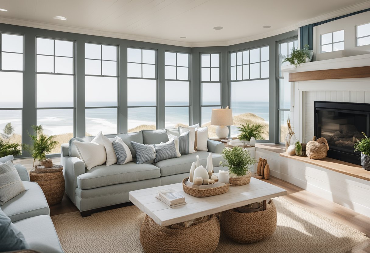 A cozy coastal living room with light, airy colors, natural textures, and nautical accents. Large windows let in plenty of natural light, and comfortable, relaxed seating invites you to unwind and enjoy the ocean view