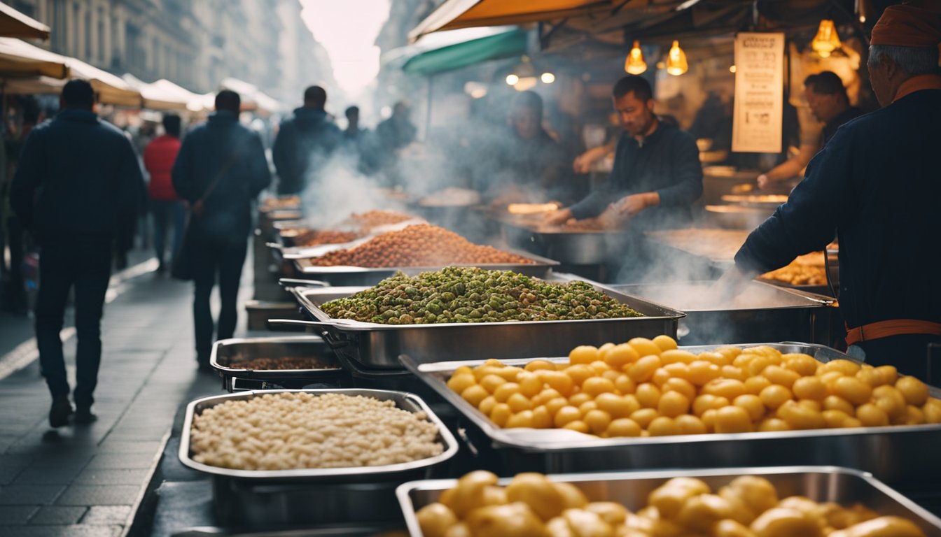 Colorful food stalls line the bustling streets of Milan, offering a variety of delicious street food. Aromatic steam rises from sizzling pans as vendors prepare traditional Italian delicacies