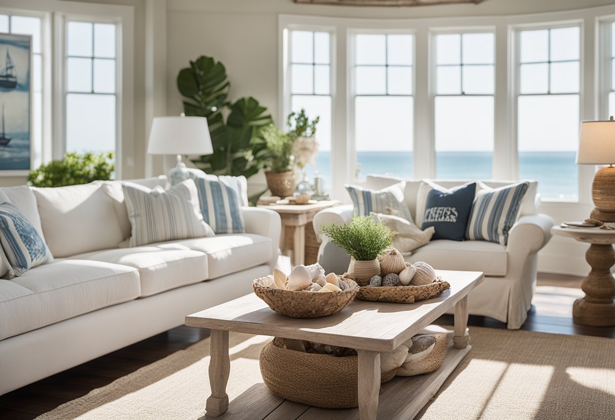A cozy coastal living room with a light-colored, slipcovered sofa, a weathered wood coffee table, and a nautical-themed area rug. A large window lets in natural light, and the room is decorated with seashells and beach-inspired artwork