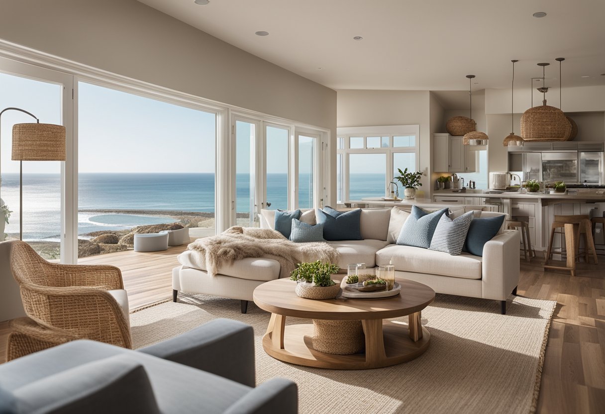 A cozy coastal living room with a large window overlooking the ocean, a comfortable sectional sofa, natural wood accents, and a neutral color palette