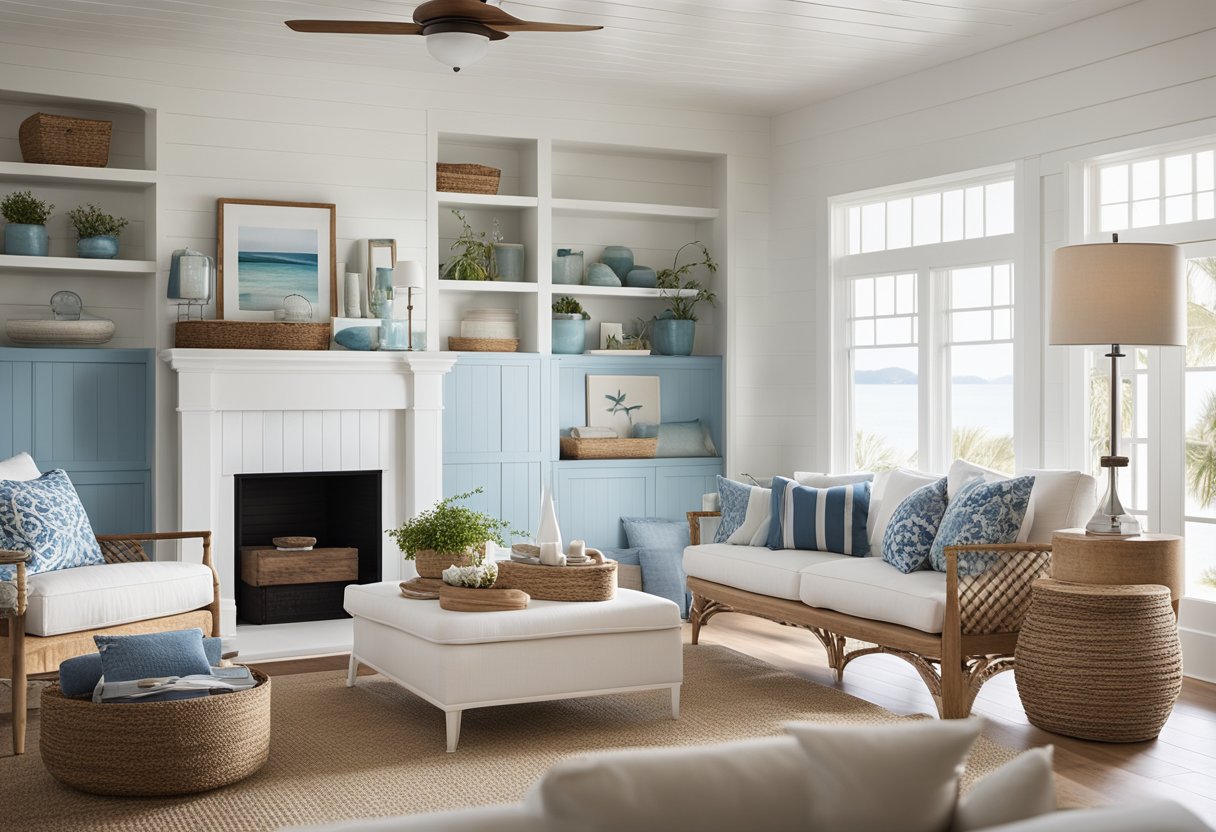 A coastal living room with a laidback vibe, featuring soft blue and white color schemes, natural wood accents, and breezy wall treatments like shiplap or beadboard