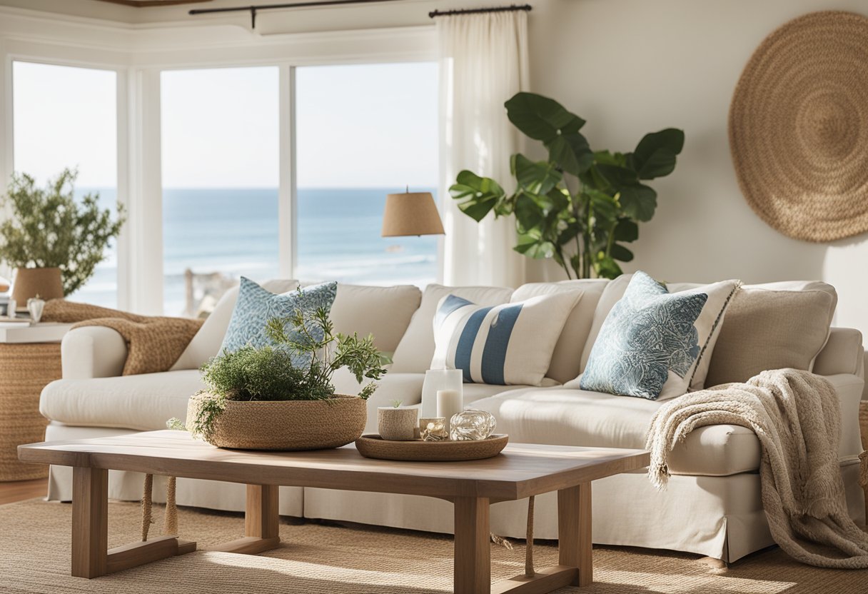 A cozy coastal living room with relaxed textiles and fabrics, featuring soft, nautical-themed pillows, a breezy linen sofa, and a natural jute rug. The room is filled with natural light and adorned with beach-inspired decor